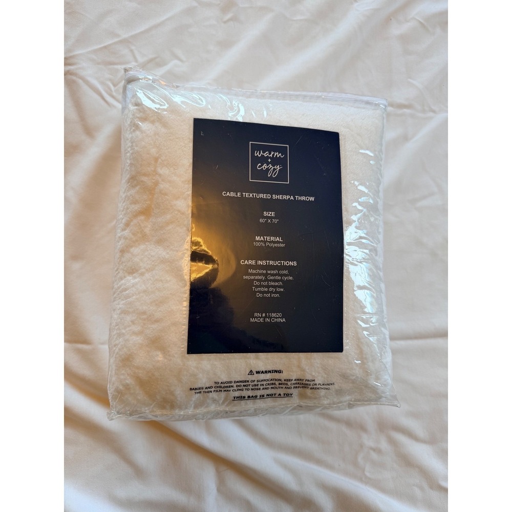 Warm + Cozy Cable Textured Sherpa Throw Blanket Cream White 60x70 RN 118620